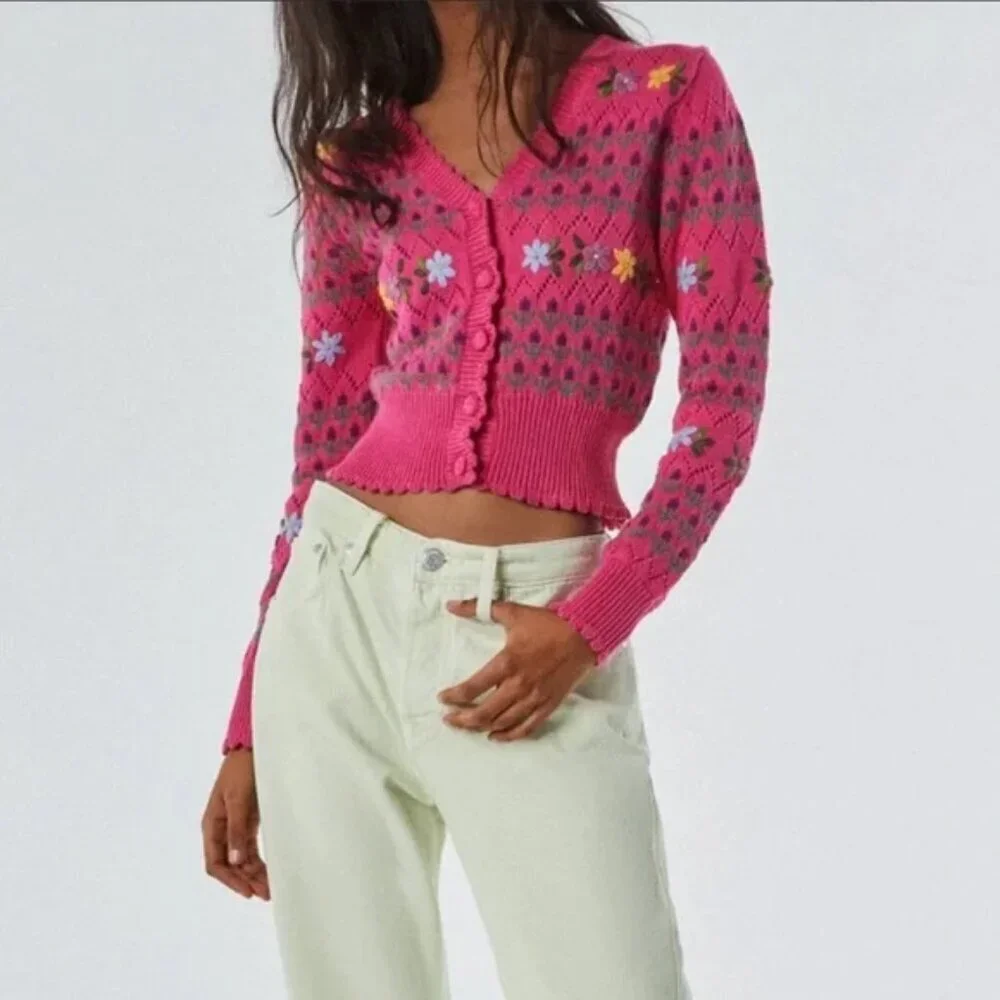Zara Floral Knit Jacket Cardigan Embroidery Pink Size Medium - Picture 3 of 7